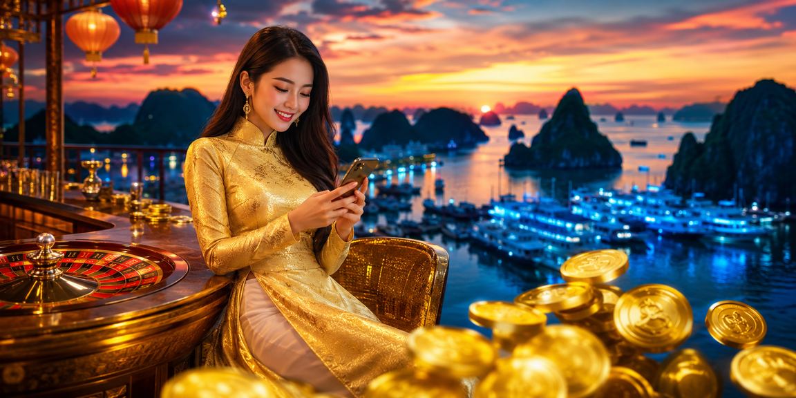 Cảnh Vịnh Hạ Long với người chơi roulette trong trang phục áo dài truyền thống